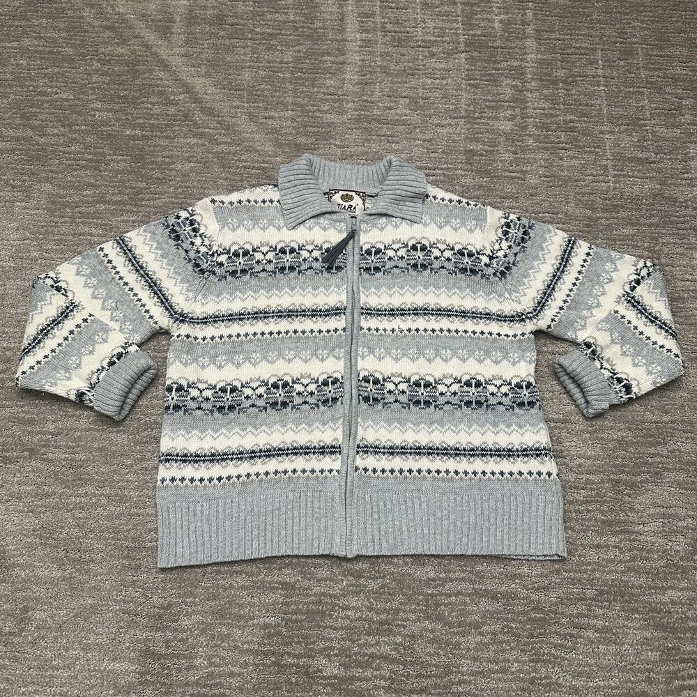 Tiara International Sweater Womens Large Cardigan Zip Blue Fair Isle Mock Neck